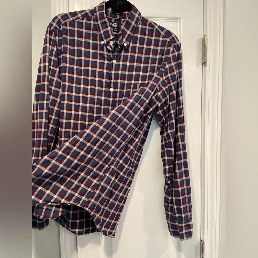J. Crew Mens Size M Blue Burgundy Plaid Cotton Flex Slim Button Down Shirt